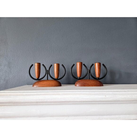 Danish Teak Candleholders Set of Two Luthje Denmark Modernist Brass Metal Wood - Picture 2 of 9